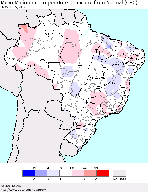 Brazil Mean Minimum Temperature Departure from Normal (CPC) Thematic Map For 5/9/2022 - 5/15/2022