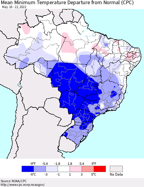 Brazil Mean Minimum Temperature Departure from Normal (CPC) Thematic Map For 5/16/2022 - 5/22/2022