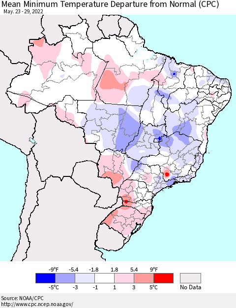 Brazil Mean Minimum Temperature Departure from Normal (CPC) Thematic Map For 5/23/2022 - 5/29/2022