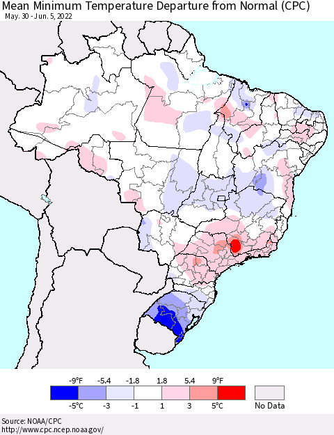 Brazil Mean Minimum Temperature Departure from Normal (CPC) Thematic Map For 5/30/2022 - 6/5/2022