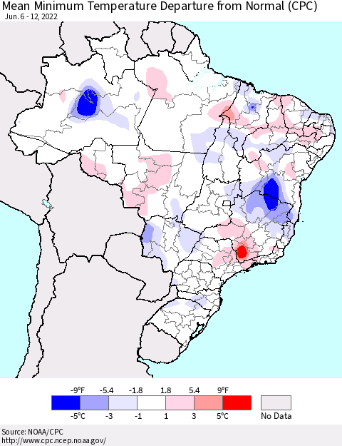 Brazil Mean Minimum Temperature Departure from Normal (CPC) Thematic Map For 6/6/2022 - 6/12/2022