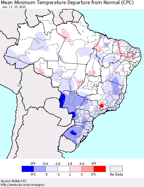Brazil Mean Minimum Temperature Departure from Normal (CPC) Thematic Map For 6/13/2022 - 6/19/2022