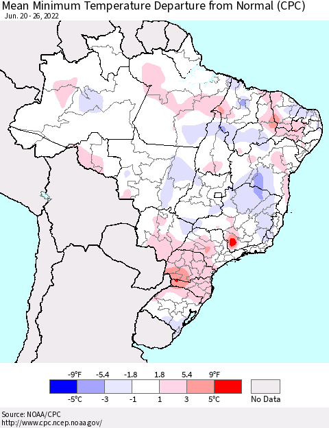 Brazil Mean Minimum Temperature Departure from Normal (CPC) Thematic Map For 6/20/2022 - 6/26/2022