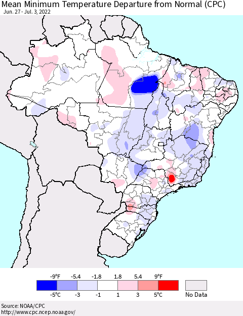 Brazil Mean Minimum Temperature Departure from Normal (CPC) Thematic Map For 6/27/2022 - 7/3/2022