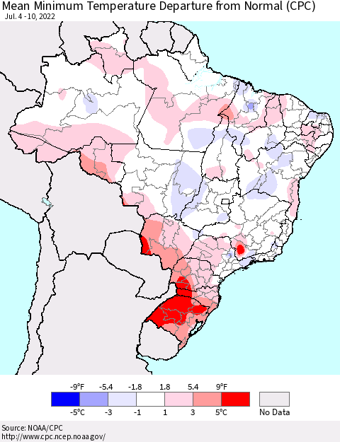 Brazil Mean Minimum Temperature Departure from Normal (CPC) Thematic Map For 7/4/2022 - 7/10/2022
