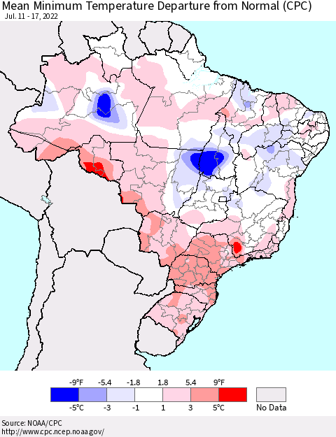 Brazil Mean Minimum Temperature Departure from Normal (CPC) Thematic Map For 7/11/2022 - 7/17/2022