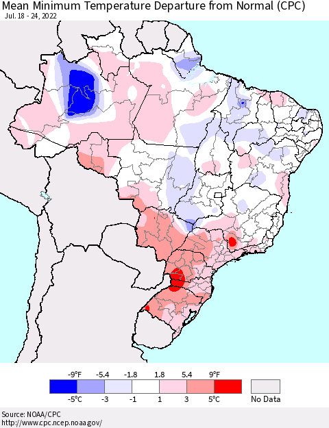 Brazil Mean Minimum Temperature Departure from Normal (CPC) Thematic Map For 7/18/2022 - 7/24/2022