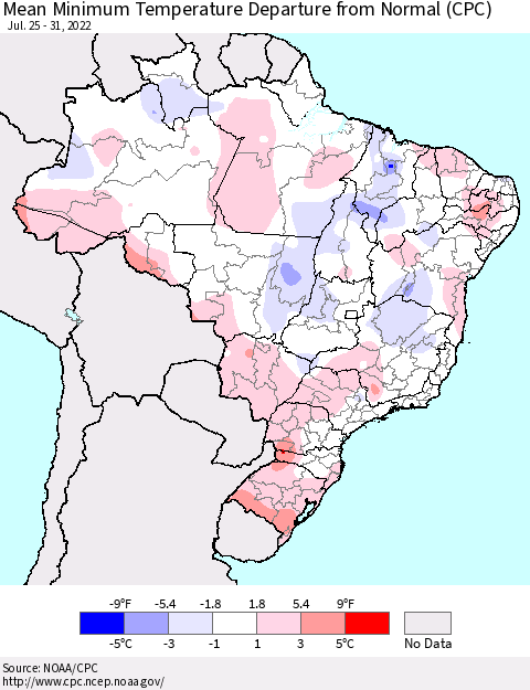Brazil Mean Minimum Temperature Departure from Normal (CPC) Thematic Map For 7/25/2022 - 7/31/2022