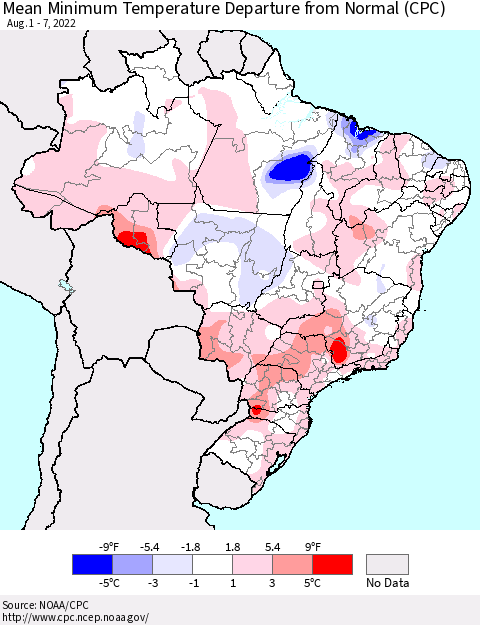Brazil Mean Minimum Temperature Departure from Normal (CPC) Thematic Map For 8/1/2022 - 8/7/2022