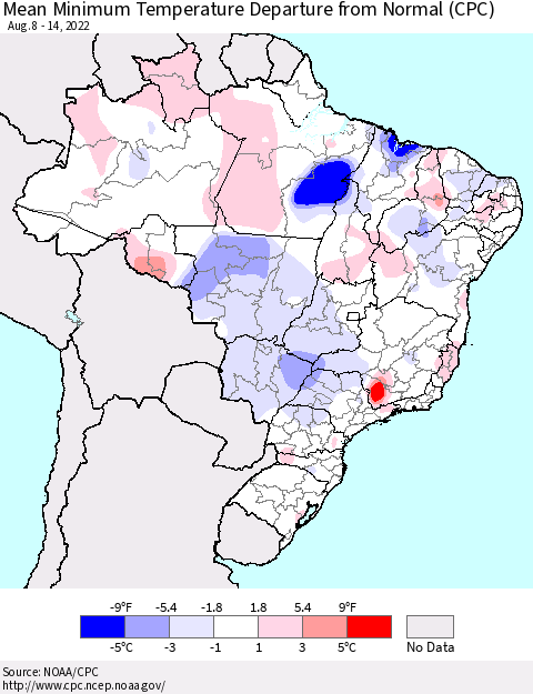 Brazil Mean Minimum Temperature Departure from Normal (CPC) Thematic Map For 8/8/2022 - 8/14/2022