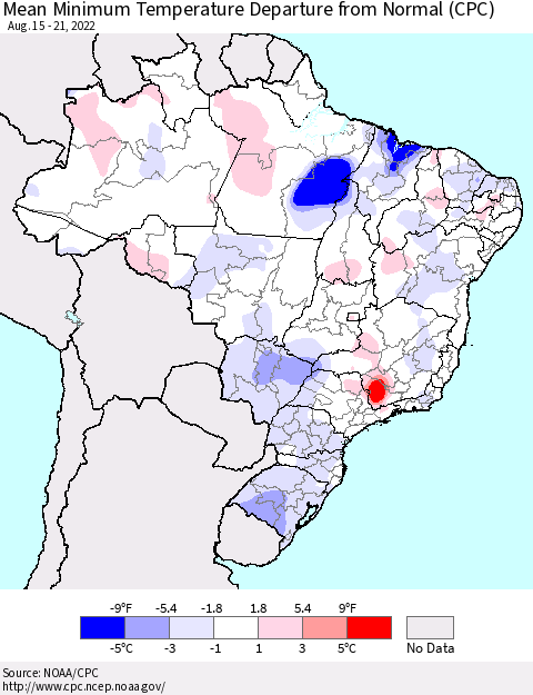 Brazil Mean Minimum Temperature Departure from Normal (CPC) Thematic Map For 8/15/2022 - 8/21/2022