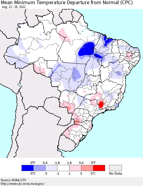 Brazil Mean Minimum Temperature Departure from Normal (CPC) Thematic Map For 8/22/2022 - 8/28/2022