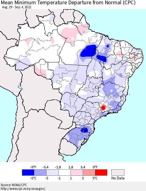 Brazil Mean Minimum Temperature Departure from Normal (CPC) Thematic Map For 8/29/2022 - 9/4/2022