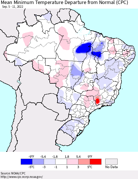 Brazil Mean Minimum Temperature Departure from Normal (CPC) Thematic Map For 9/5/2022 - 9/11/2022