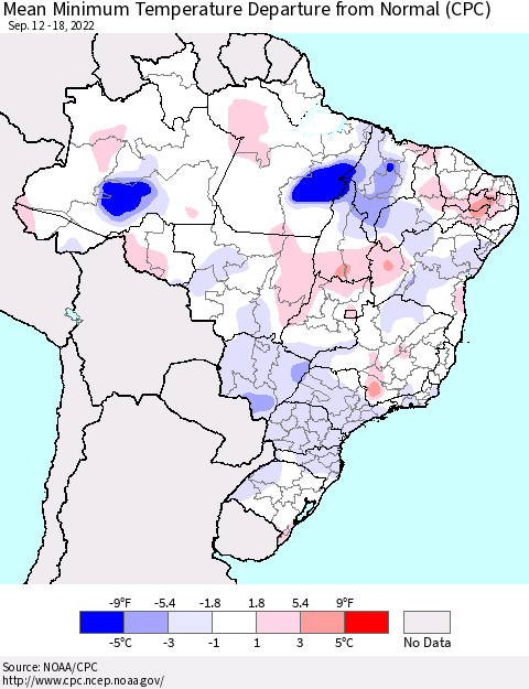 Brazil Mean Minimum Temperature Departure from Normal (CPC) Thematic Map For 9/12/2022 - 9/18/2022