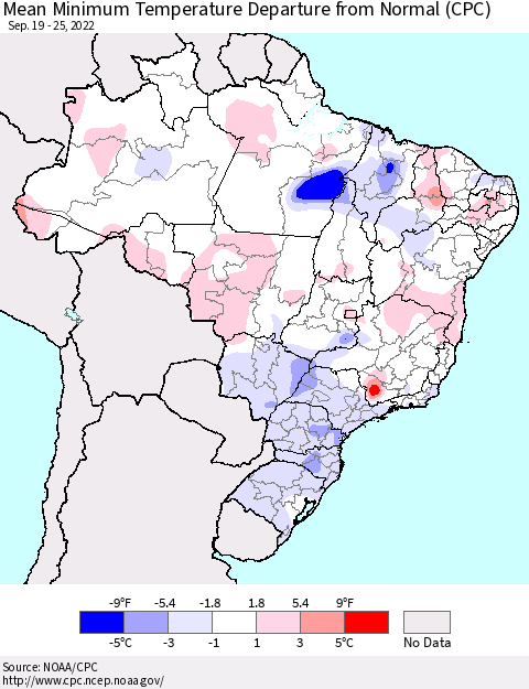 Brazil Mean Minimum Temperature Departure from Normal (CPC) Thematic Map For 9/19/2022 - 9/25/2022
