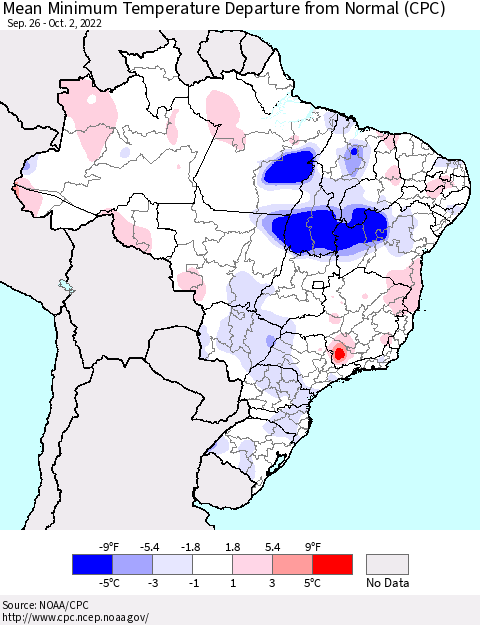Brazil Mean Minimum Temperature Departure from Normal (CPC) Thematic Map For 9/26/2022 - 10/2/2022