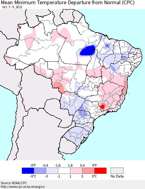 Brazil Mean Minimum Temperature Departure from Normal (CPC) Thematic Map For 10/3/2022 - 10/9/2022