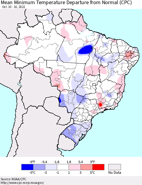 Brazil Mean Minimum Temperature Departure from Normal (CPC) Thematic Map For 10/10/2022 - 10/16/2022