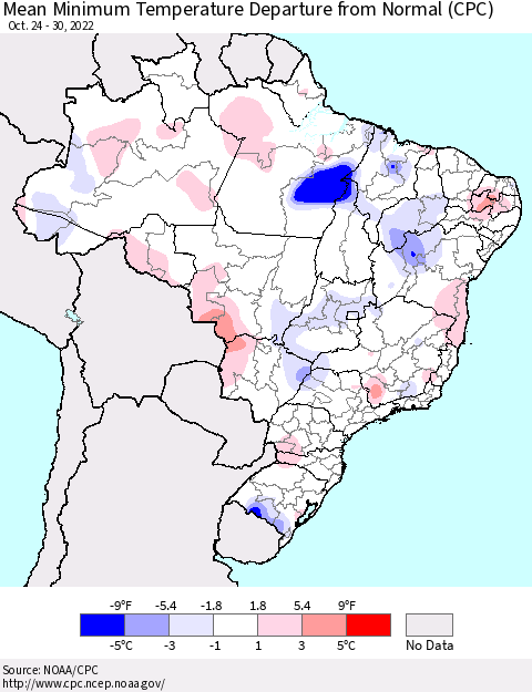 Brazil Mean Minimum Temperature Departure from Normal (CPC) Thematic Map For 10/24/2022 - 10/30/2022