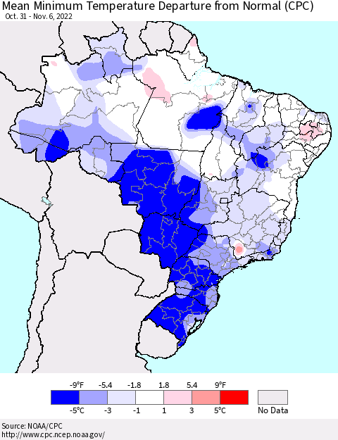Brazil Mean Minimum Temperature Departure from Normal (CPC) Thematic Map For 10/31/2022 - 11/6/2022