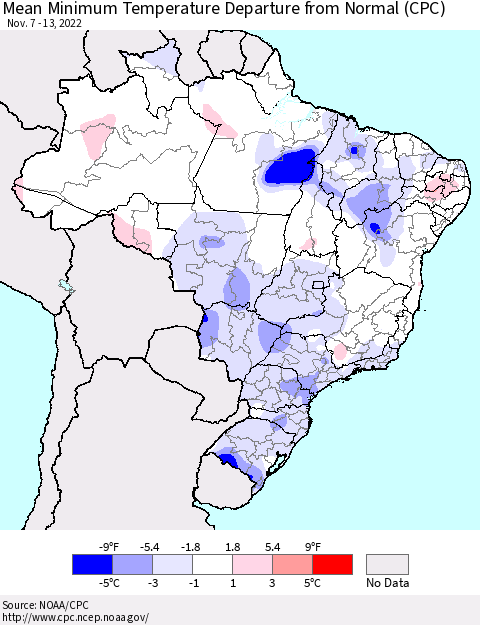 Brazil Mean Minimum Temperature Departure from Normal (CPC) Thematic Map For 11/7/2022 - 11/13/2022