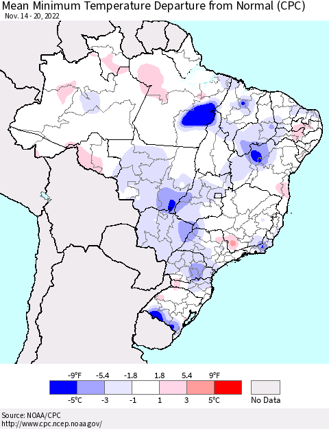 Brazil Mean Minimum Temperature Departure from Normal (CPC) Thematic Map For 11/14/2022 - 11/20/2022