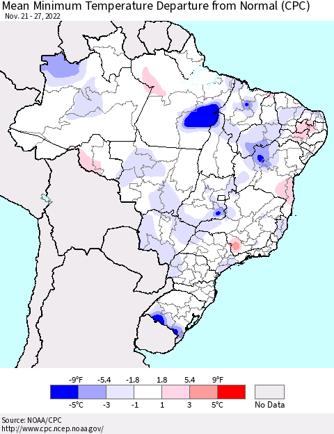 Brazil Mean Minimum Temperature Departure from Normal (CPC) Thematic Map For 11/21/2022 - 11/27/2022