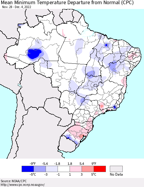 Brazil Mean Minimum Temperature Departure from Normal (CPC) Thematic Map For 11/28/2022 - 12/4/2022