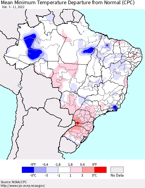 Brazil Mean Minimum Temperature Departure from Normal (CPC) Thematic Map For 12/5/2022 - 12/11/2022