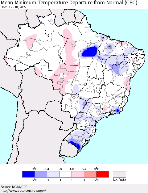 Brazil Mean Minimum Temperature Departure from Normal (CPC) Thematic Map For 12/12/2022 - 12/18/2022