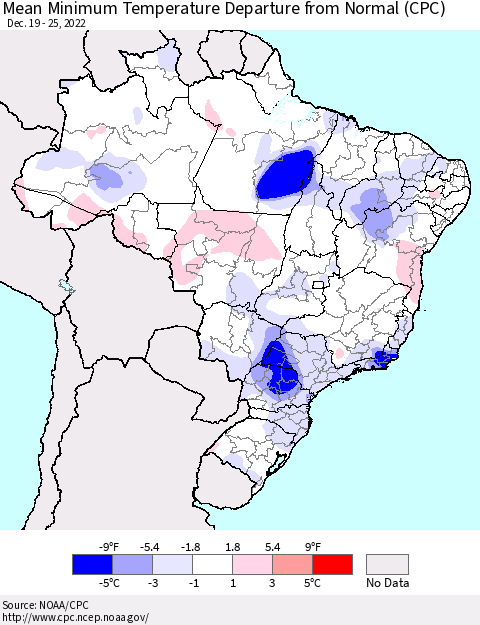 Brazil Mean Minimum Temperature Departure from Normal (CPC) Thematic Map For 12/19/2022 - 12/25/2022