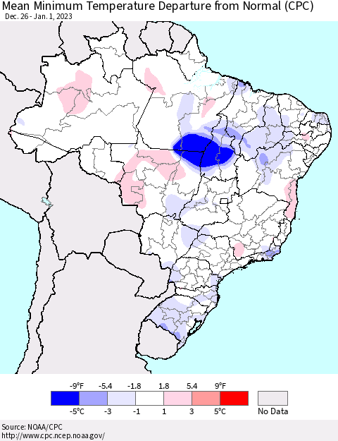 Brazil Mean Minimum Temperature Departure from Normal (CPC) Thematic Map For 12/26/2022 - 1/1/2023