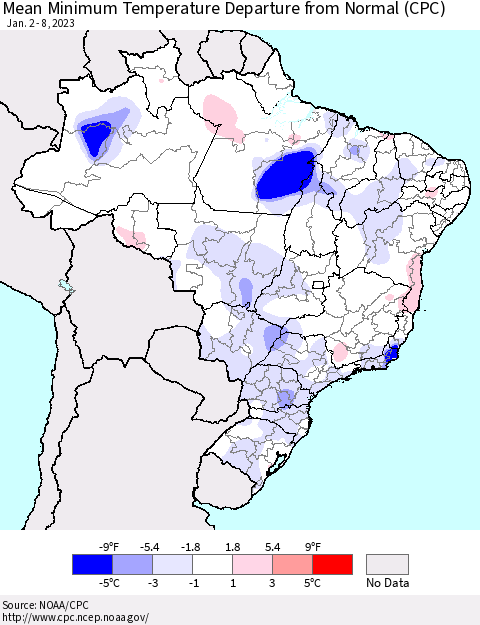 Brazil Mean Minimum Temperature Departure from Normal (CPC) Thematic Map For 1/2/2023 - 1/8/2023