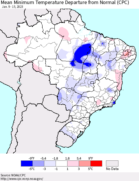 Brazil Mean Minimum Temperature Departure from Normal (CPC) Thematic Map For 1/9/2023 - 1/15/2023
