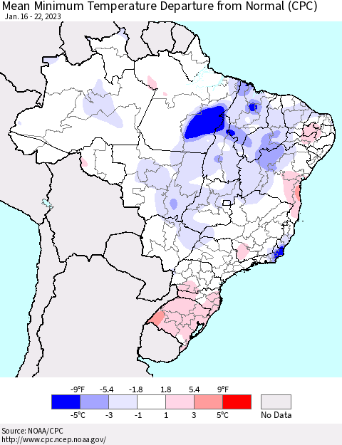Brazil Mean Minimum Temperature Departure from Normal (CPC) Thematic Map For 1/16/2023 - 1/22/2023