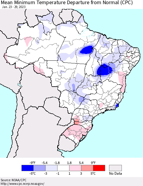 Brazil Mean Minimum Temperature Departure from Normal (CPC) Thematic Map For 1/23/2023 - 1/29/2023