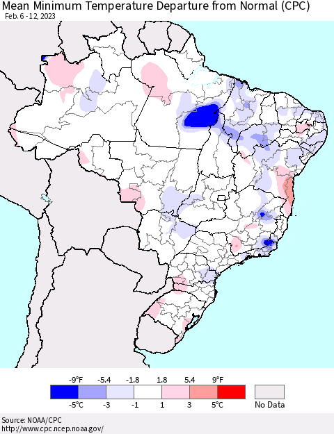 Brazil Mean Minimum Temperature Departure from Normal (CPC) Thematic Map For 2/6/2023 - 2/12/2023