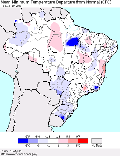 Brazil Mean Minimum Temperature Departure from Normal (CPC) Thematic Map For 2/13/2023 - 2/19/2023