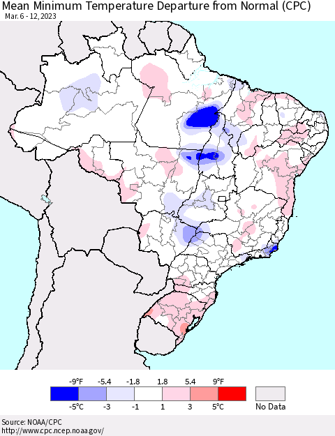 Brazil Mean Minimum Temperature Departure from Normal (CPC) Thematic Map For 3/6/2023 - 3/12/2023