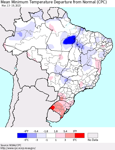 Brazil Mean Minimum Temperature Departure from Normal (CPC) Thematic Map For 3/13/2023 - 3/19/2023