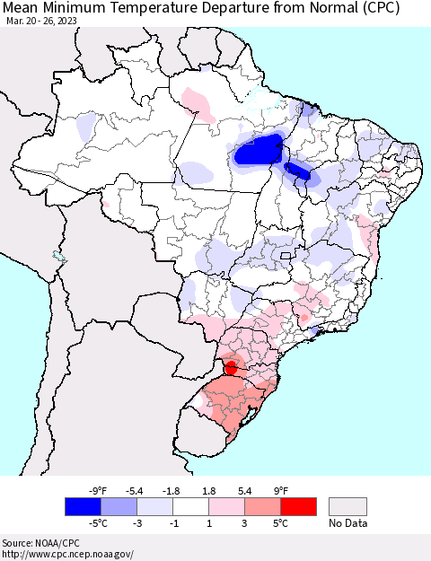 Brazil Mean Minimum Temperature Departure from Normal (CPC) Thematic Map For 3/20/2023 - 3/26/2023