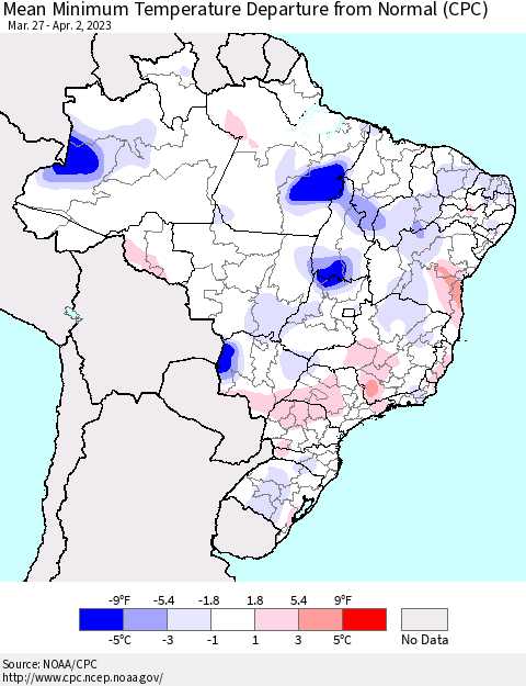 Brazil Mean Minimum Temperature Departure from Normal (CPC) Thematic Map For 3/27/2023 - 4/2/2023