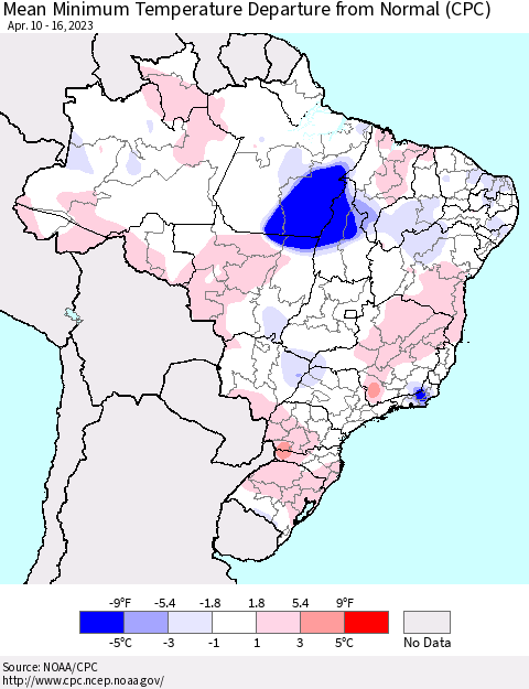 Brazil Mean Minimum Temperature Departure from Normal (CPC) Thematic Map For 4/10/2023 - 4/16/2023