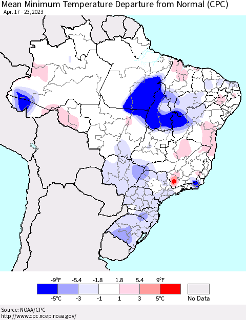 Brazil Mean Minimum Temperature Departure from Normal (CPC) Thematic Map For 4/17/2023 - 4/23/2023