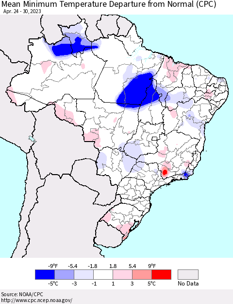 Brazil Mean Minimum Temperature Departure from Normal (CPC) Thematic Map For 4/24/2023 - 4/30/2023