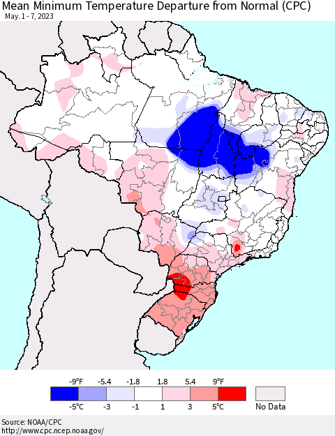 Brazil Mean Minimum Temperature Departure from Normal (CPC) Thematic Map For 5/1/2023 - 5/7/2023
