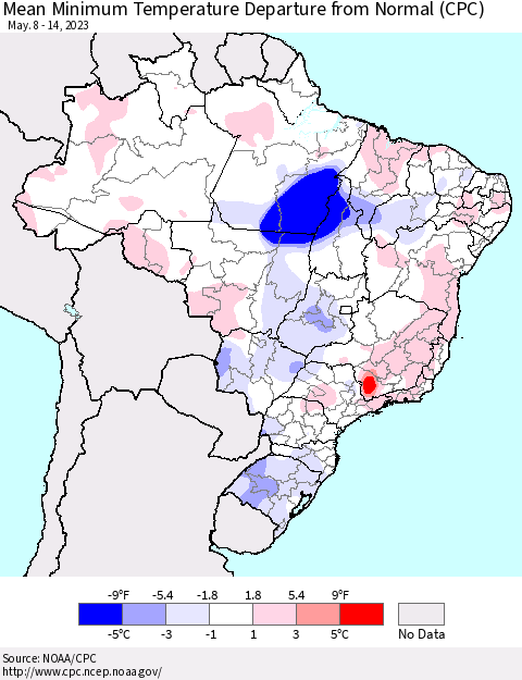 Brazil Mean Minimum Temperature Departure from Normal (CPC) Thematic Map For 5/8/2023 - 5/14/2023