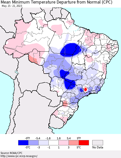 Brazil Mean Minimum Temperature Departure from Normal (CPC) Thematic Map For 5/15/2023 - 5/21/2023