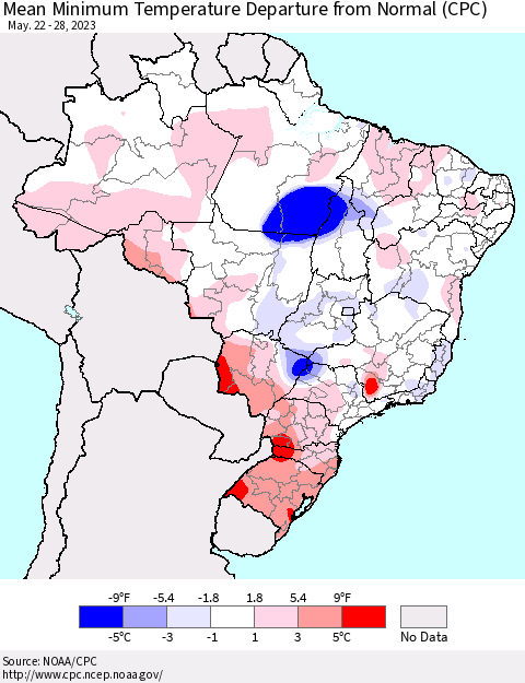 Brazil Mean Minimum Temperature Departure from Normal (CPC) Thematic Map For 5/22/2023 - 5/28/2023